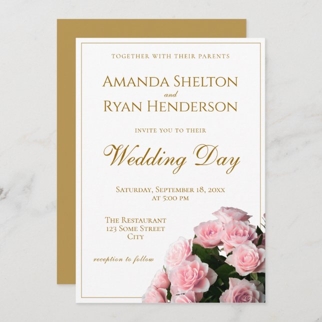 Elegant Pink Roses Flowers Floral Wedding Invitation (Front/Back)