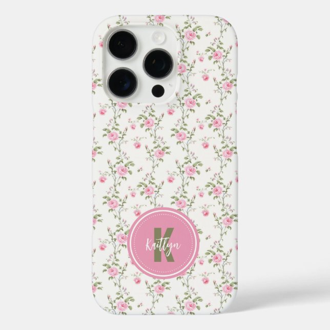 Elegant Pink Roses Flowers Pattern Monogram Case-Mate iPhone Case (Back)