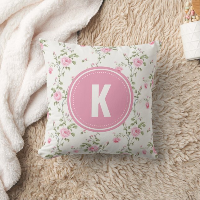 Elegant Pink Roses Flowers Pattern Monogram Cushion (Blanket)