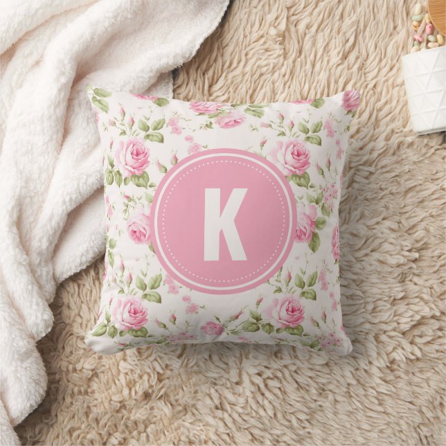 Elegant Pink Roses Flowers Pattern Monogram Cushion (Blanket)