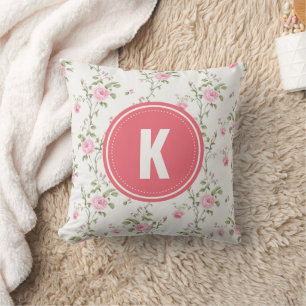 Elegant Pink Roses Flowers Pattern Monogram Cushion