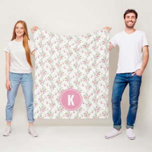 Elegant Pink Roses Flowers Pattern Monogram Fleece Blanket