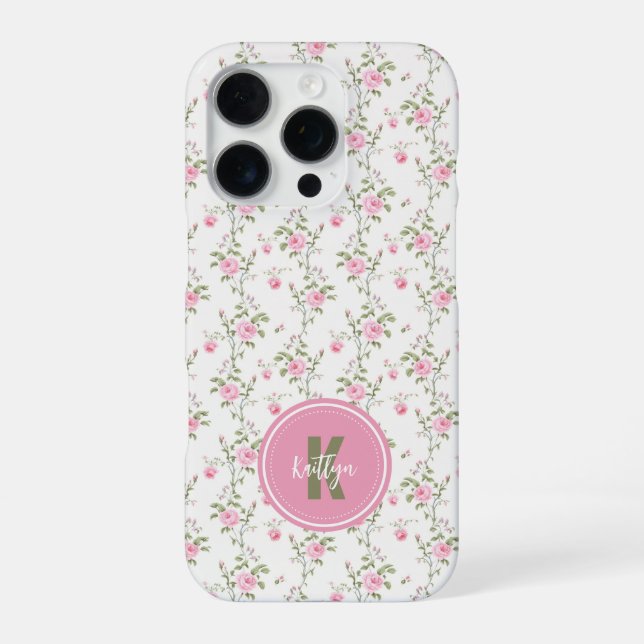 Elegant Pink Roses Flowers Pattern Monogram iPhone Case (Back)