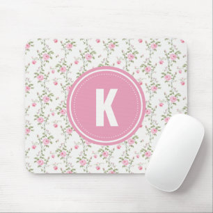 Elegant Pink Roses Flowers Pattern Monogram Mouse Mat