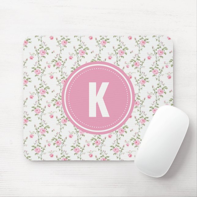 Elegant Pink Roses Flowers Pattern Monogram Mouse Mat (With Mouse)