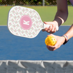 Elegant Pink Roses Flowers Pattern Monogram Pickleball Paddle