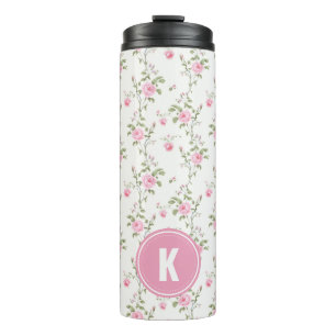 Elegant Pink Roses Flowers Pattern Monogram Thermal Tumbler
