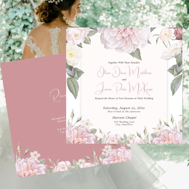 Elegant Pink Roses Garden Wedding Invitation (Elegant Pink Roses Garden Wedding Invitation with Pink Reverse)