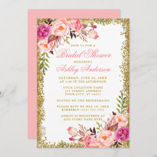 Elegant Pink Roses Gold Glitter Bridal Shower Invitation