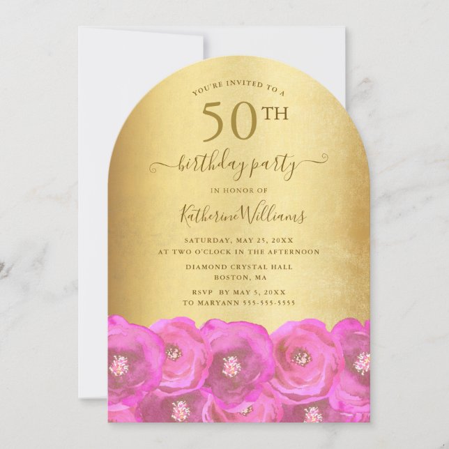 Elegant Pink Roses & Gold Script 50th Birthday Invitation (Front)