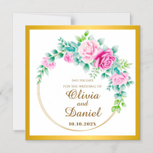 Elegant Pink Roses Gold Wreath Save the Date Magnetic Invitation