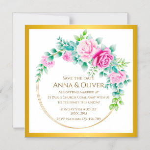 Elegant Pink Roses Gold Wreath Save the Date Magnetic Invitation