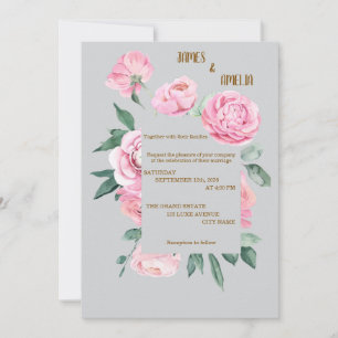 Elegant Pink Roses & Grey Floral Wedding Invitation