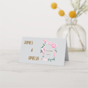 Elegant Pink Roses & Grey Floral Wedding Place Card