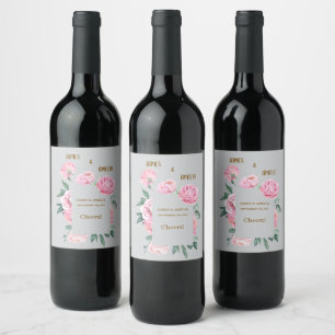 Elegant Pink Roses & Grey Floral Wedding Wine Label