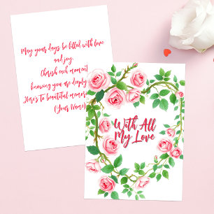 Elegant Pink Roses Heart With All My Love Card