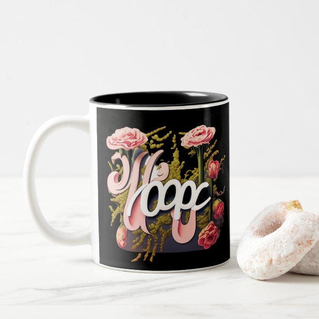 Elegant Pink Roses Hope Typography Two-Tone Coffee Mug (With Donut)
