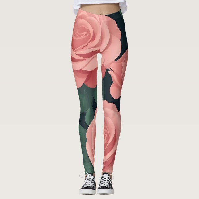 Elegant pink roses leggings on a dark background  (Front)
