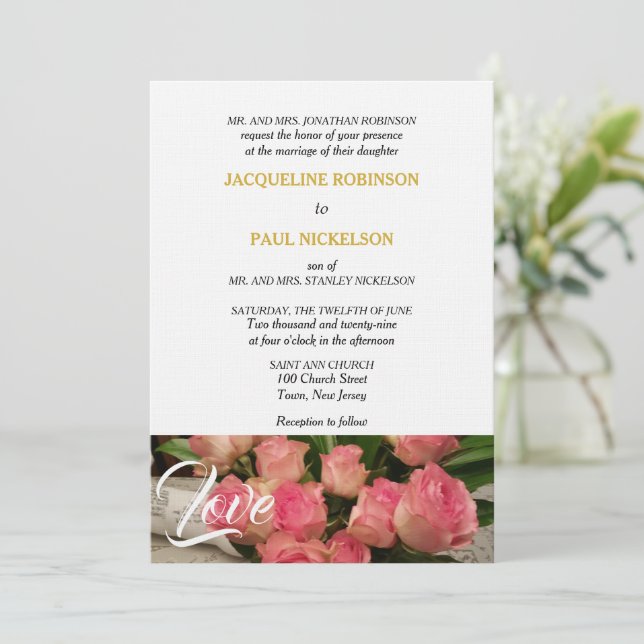 Elegant Pink Roses Love Gold White  Invitation (Standing Front)