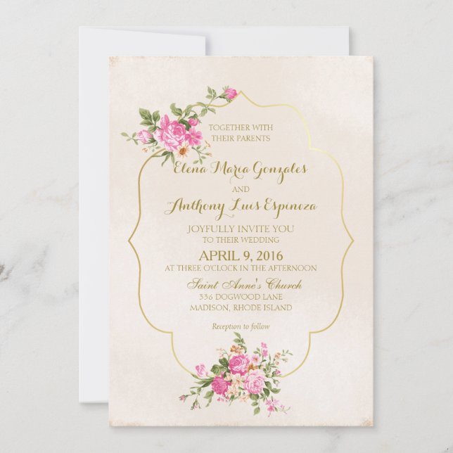 Elegant Pink Roses on Ivory with Gold Frame Invitation (Front)