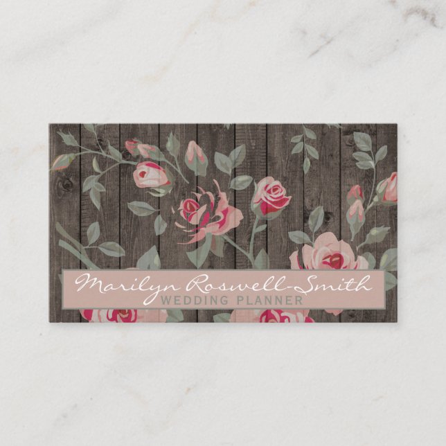 Elegant Pink Roses on Rustic Wood Background Business Card (Front)