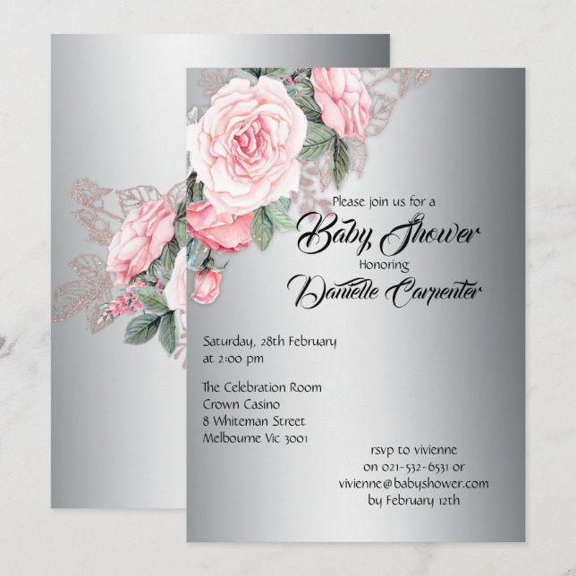 Elegant Pink Roses on Silver Baby Shower Invitation (Front/Back)