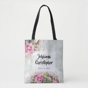 Elegant Pink Roses & Peonies on Teal Wedding Tote Bag