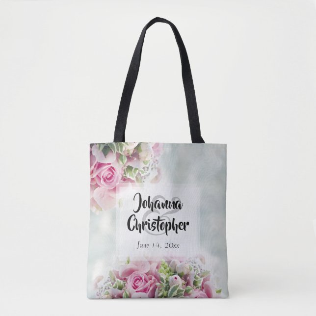 Elegant Pink Roses & Peonies on Teal Wedding  Tote Bag (Front)