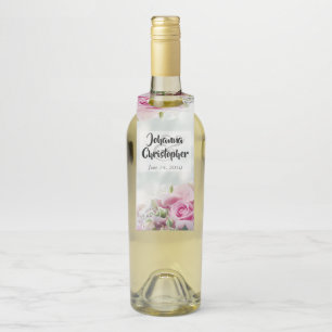 Elegant Pink Roses & Peony Buds Teal Wedding Bottle Tag