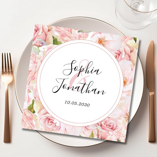 Elegant Pink Roses Personalised Wedding Napkin (Elegant Pink Roses Personalized Wedding Paper Napkin)