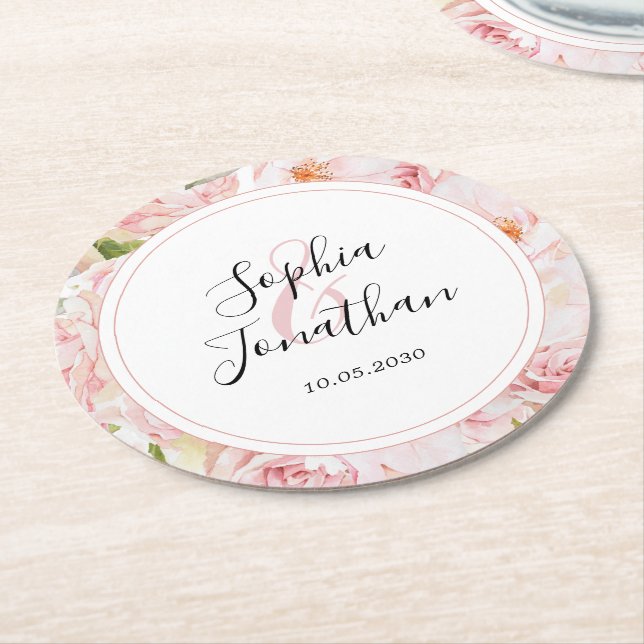 Elegant Pink Roses Personalised Wedding Round Paper Coaster (Angled)