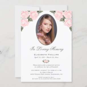 Elegant Pink Roses Photo Memorial Service Funeral Invitation