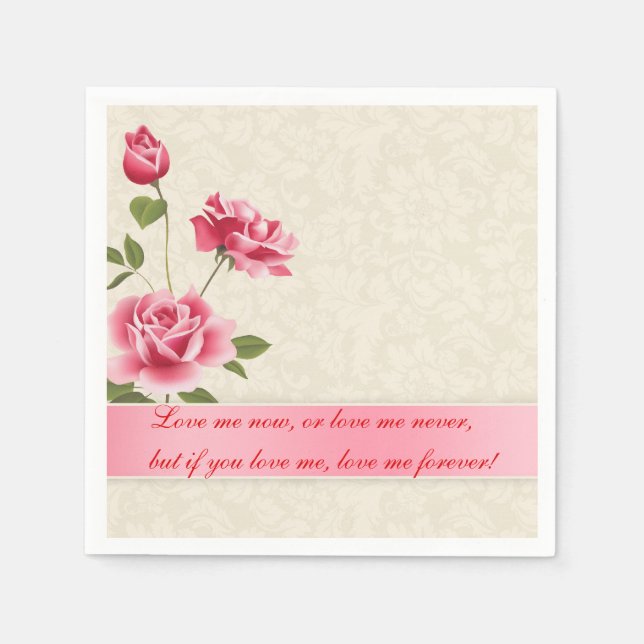 Elegant Pink Roses Plush White Damasks Napkin (Front)