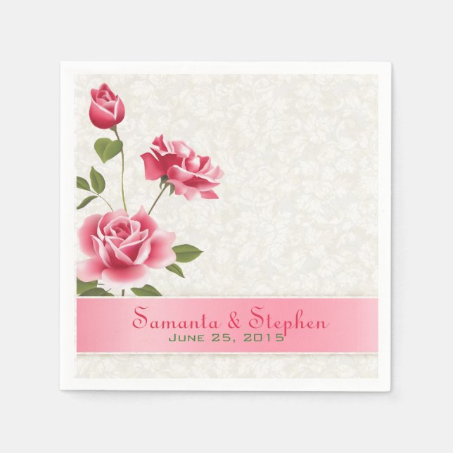Elegant Pink Roses Plush White Damasks Napkin (Front)