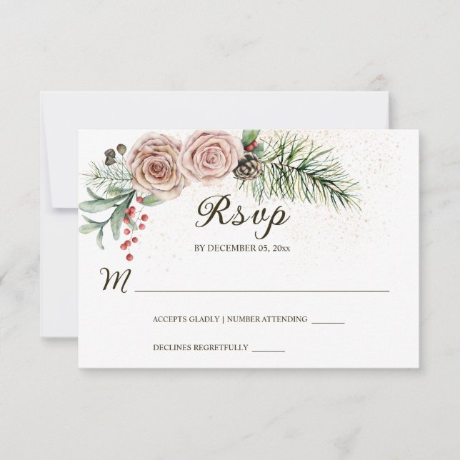Elegant Pink Roses Red Berries Greenery Wedding RSVP Card (Front)