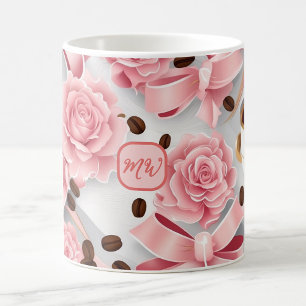 Elegant pink roses, ribbons, bows, monograms coffee mug