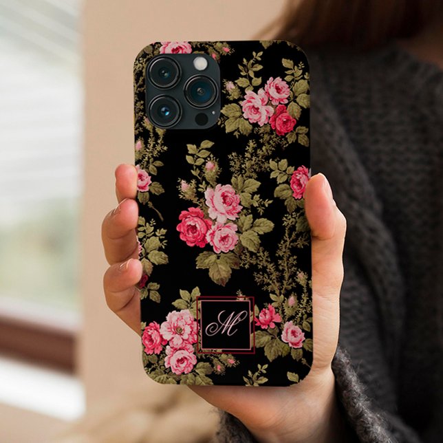 Elegant Pink Roses w/Monogram-Black Background Case-Mate iPhone Case (Creator Uploaded)