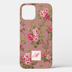 Elegant Pink Roses w/Monogram-Old Rose Background iPhone 12 Case