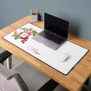 Elegant Pink Roses w/Monogram-White Background Desk Mat