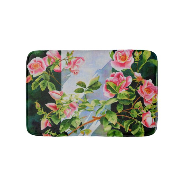 Elegant pink roses watercolor floral bath mat (Front)