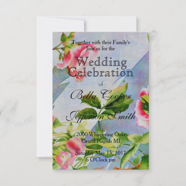 Elegant pink roses watercolor floral invitation (Front)