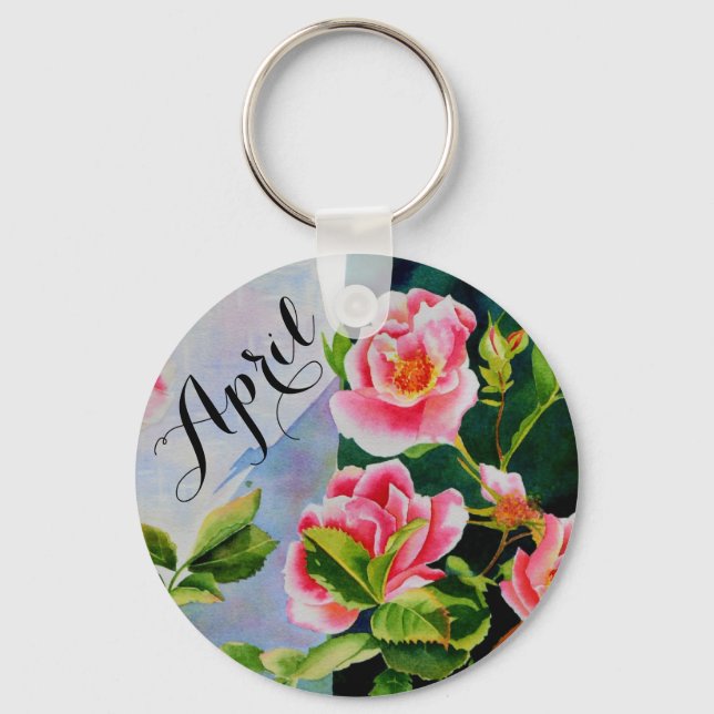 Elegant pink roses watercolor floral key ring (Front)