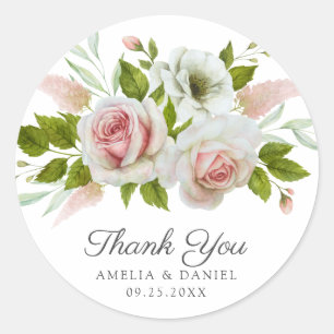 Elegant Pink Roses Watercolor Floral Wedding Classic Round Sticker