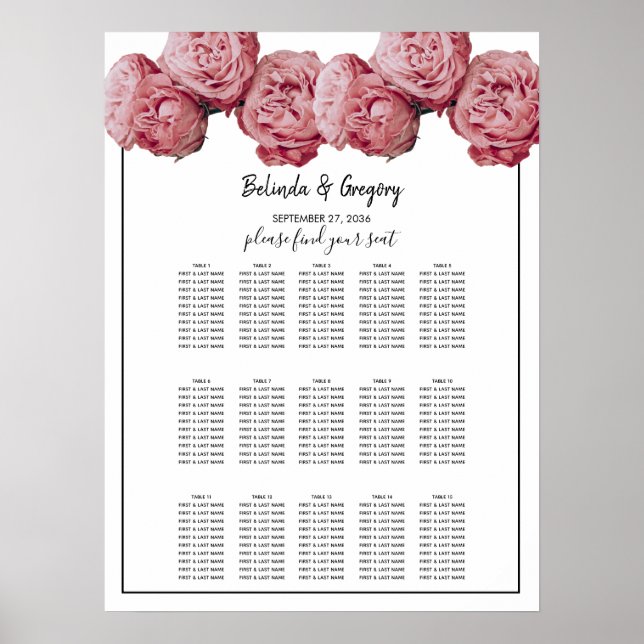 Elegant Pink Roses Wedding Seating Chart (Front)