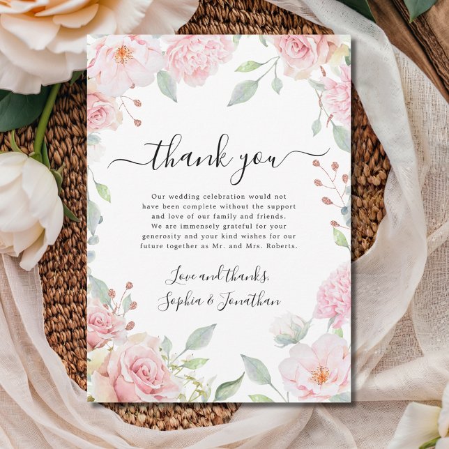 Elegant Pink Roses Wedding Thank You Card (Elegant Pink Roses Romantic Calligraphy Wedding Thank You Card)