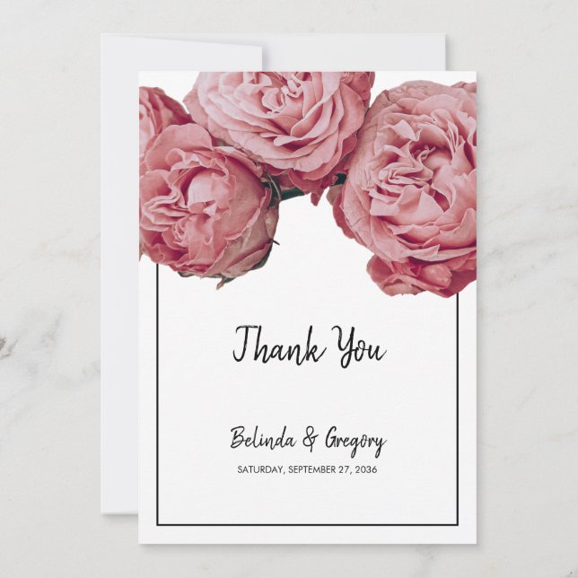 Elegant Pink Roses Wedding  Thank You Card (Back)