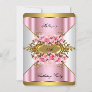 Elegant Pink Roses White Gold Birthday Party Invitation