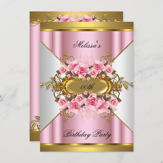 Elegant Pink Roses White Gold Birthday Party Invitation (Front/Back)