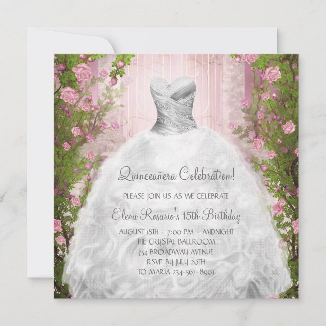 Elegant Pink Roses White Quinceanera Invitations (Front)