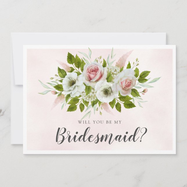 Elegant Pink Roses Will You Be My Bridesmaid Card (Front)